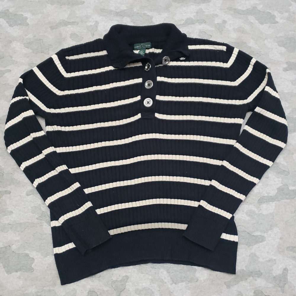 Lauren Ralph Lauren Sweater Womens Large Black Long Sleeve Striped